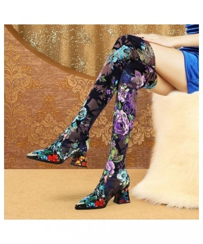 Custom Made Ladies Winter Boots Pointed Toe Floral Print Sexy Skintight Stiletto Heel Womens Casual Boots Knee High (B, 7.50)...