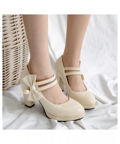 Womens Fashion 8.5CM High Heels Platform Bownot Pearl Lolita Princess Single Shoes Ankle Strap Maid Mary Jane Pumps Beige $21...