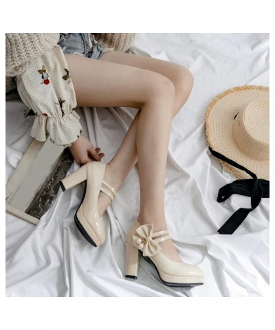 Womens Fashion 8.5CM High Heels Platform Bownot Pearl Lolita Princess Single Shoes Ankle Strap Maid Mary Jane Pumps Beige $21...