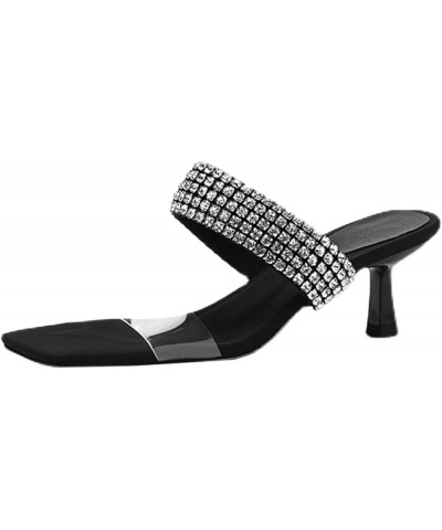 Sexy Square Open Toe Heeled Sandals Double Strap Slip on Mules Kitten Heels Clear Rhinestone Prom Dress Sandal Black $12.60 S...