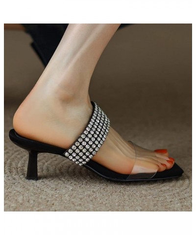 Sexy Square Open Toe Heeled Sandals Double Strap Slip on Mules Kitten Heels Clear Rhinestone Prom Dress Sandal Black $12.60 S...