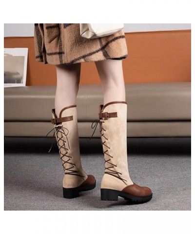 Women Simple Knee High Riding Boots Lace up Combat Boots Comfort Motorcycle Boots Chunky Heels 1beige $26.66 Boots