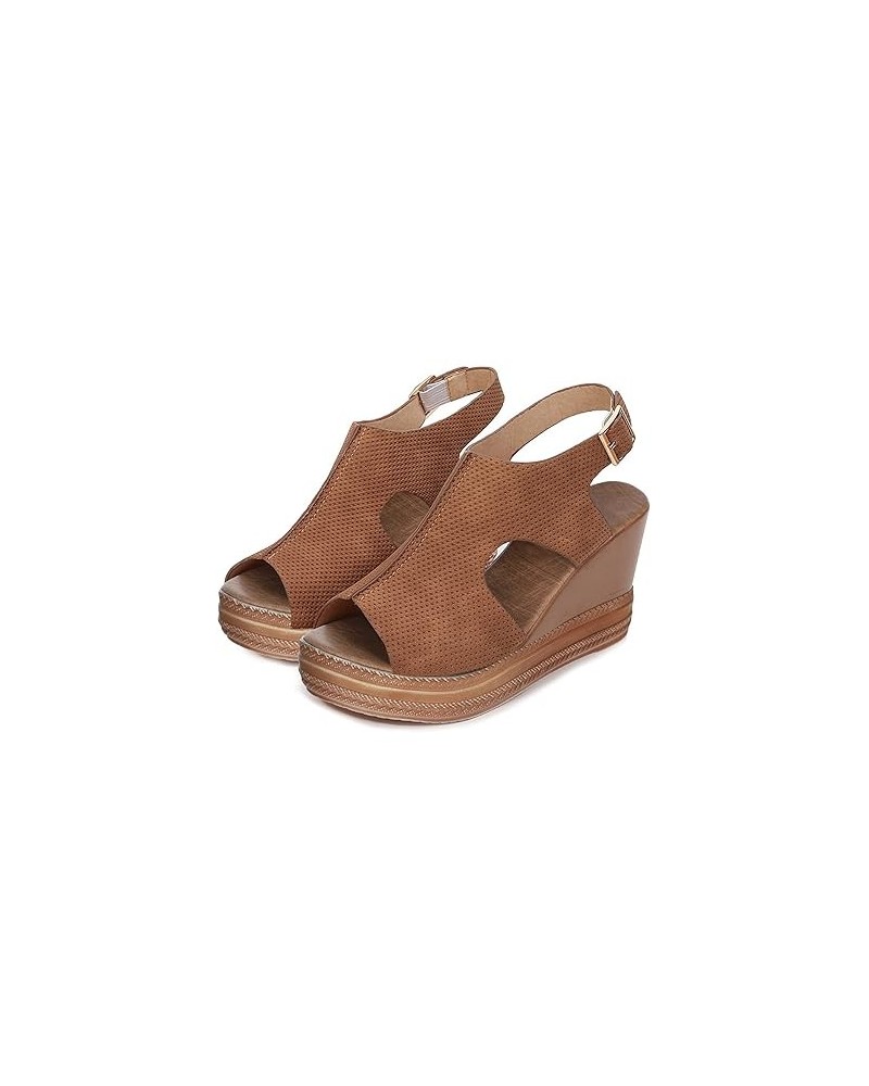 Women's Sandals Platform Peep Toe Wedge Sandals Women Casual Wedge Buckle Ankle Strap Summer Sandal 9 Brown $16.76 Sandals