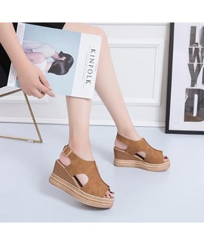 Women's Sandals Platform Peep Toe Wedge Sandals Women Casual Wedge Buckle Ankle Strap Summer Sandal 9 Brown $16.76 Sandals