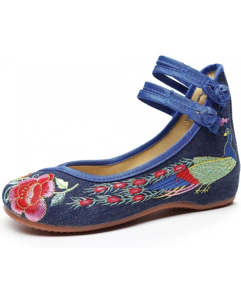 Women's Floral Embroidered Vintange Buckle Flat Shoes Round Toe Dress Mary Jane Shoes G Blue Peacock $12.00 Flats