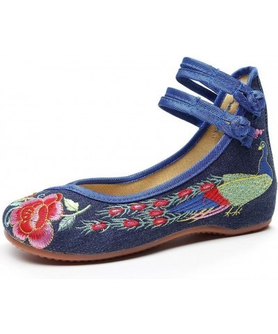 Women's Floral Embroidered Vintange Buckle Flat Shoes Round Toe Dress Mary Jane Shoes G Blue Peacock $12.00 Flats