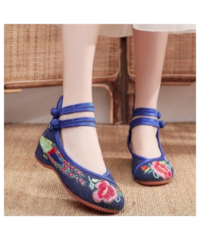 Women's Floral Embroidered Vintange Buckle Flat Shoes Round Toe Dress Mary Jane Shoes G Blue Peacock $12.00 Flats