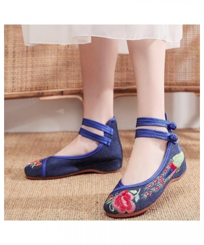 Women's Floral Embroidered Vintange Buckle Flat Shoes Round Toe Dress Mary Jane Shoes G Blue Peacock $12.00 Flats