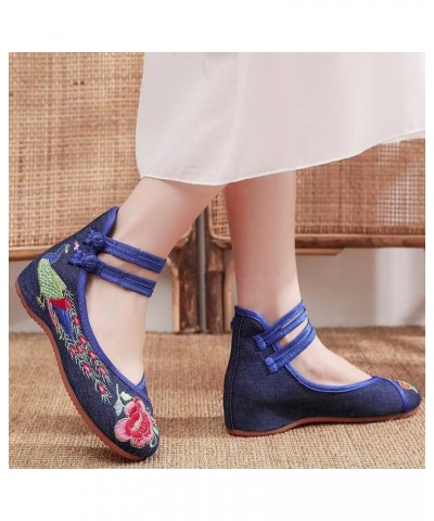 Women's Floral Embroidered Vintange Buckle Flat Shoes Round Toe Dress Mary Jane Shoes G Blue Peacock $12.00 Flats