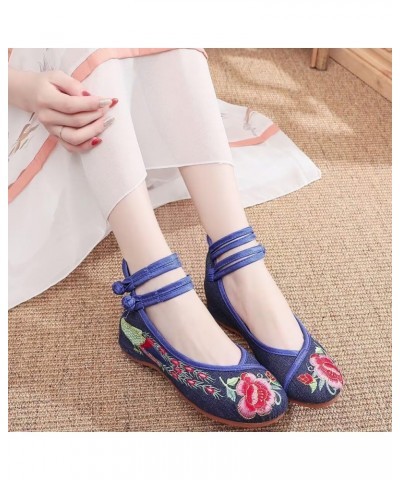 Women's Floral Embroidered Vintange Buckle Flat Shoes Round Toe Dress Mary Jane Shoes G Blue Peacock $12.00 Flats