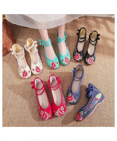 Women's Floral Embroidered Vintange Buckle Flat Shoes Round Toe Dress Mary Jane Shoes G Blue Peacock $12.00 Flats