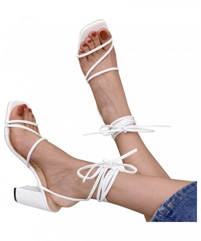 Women's Lace up Chunky Heel Sandals Women's Square Open Toe Mid Heel Sandals Casual Ankle Strap Dressy Pumps Heel 8 White $24...