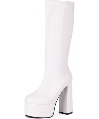 Women Platform Heel Boots Chunky High Heel Stretch Soft Mid Calf Boots EU35-48 479 White $25.41 Boots