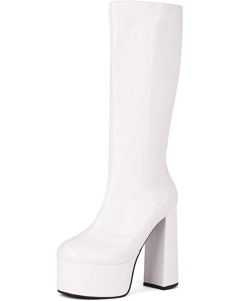 Women Platform Heel Boots Chunky High Heel Stretch Soft Mid Calf Boots EU35-48 479 White $25.41 Boots