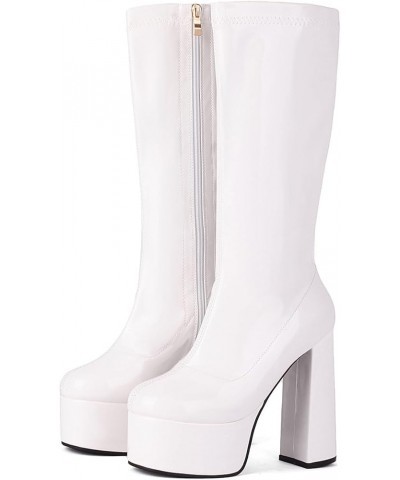 Women Platform Heel Boots Chunky High Heel Stretch Soft Mid Calf Boots EU35-48 479 White $25.41 Boots