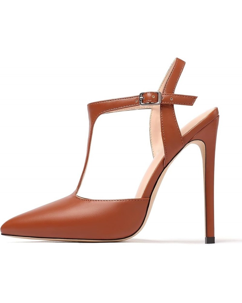 Women's Pointed Toe Ankle Strap Pumps Stiletto Heels Matte Caramel $35.51 Sandals