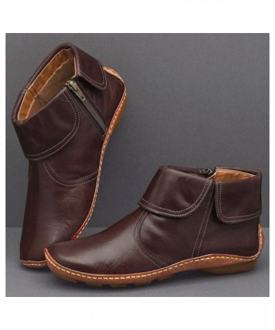 Womens Ankle boots Winter Boots Fashion Women Solid Color Autumn Flat Zipper Short Booties Round Toe Shoes Brown $12.98 Boots