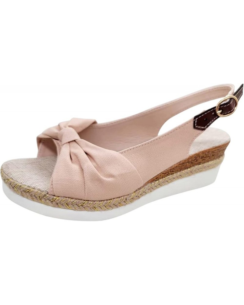 Ladies Fashion Summer Solid Color Fabric Casual Straw Bottom Wedge Buckle Sandals Small Wedge Sandals for Women Pink $13.56 O...