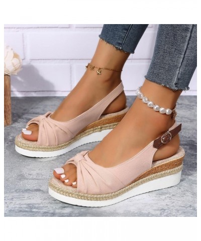 Ladies Fashion Summer Solid Color Fabric Casual Straw Bottom Wedge Buckle Sandals Small Wedge Sandals for Women Pink $13.56 O...