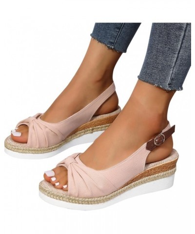 Ladies Fashion Summer Solid Color Fabric Casual Straw Bottom Wedge Buckle Sandals Small Wedge Sandals for Women Pink $13.56 O...