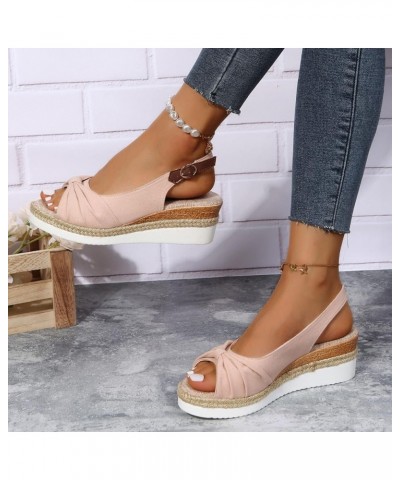 Ladies Fashion Summer Solid Color Fabric Casual Straw Bottom Wedge Buckle Sandals Small Wedge Sandals for Women Pink $13.56 O...