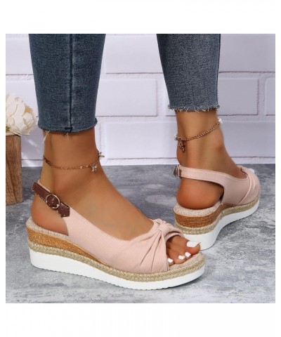 Ladies Fashion Summer Solid Color Fabric Casual Straw Bottom Wedge Buckle Sandals Small Wedge Sandals for Women Pink $13.56 O...