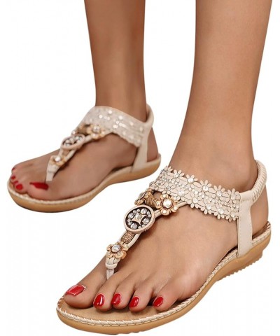 Women Flat Sandals,Summer Beach Rhinestone T-Strap Elastic Strap Shoes Bohemian Thong Flip Flop Gladiator Shoes 9 Beige $13.4...