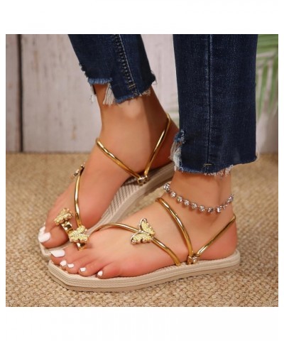 Women Shoes Fat Sandals Fashionable Butterfly Thong Toe Sandals Outdoor Beach Flat Sandals for Women Ladies Summer Gold $11.0...