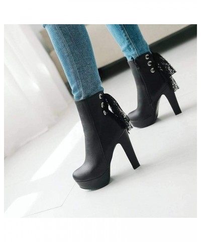 Ladies Platform Chunky High Heels Ankle Bootie Cozy Western Short Boots Winter Autumn Round Toe Outdoor Boot Black-fur $29.69...