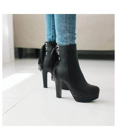 Ladies Platform Chunky High Heels Ankle Bootie Cozy Western Short Boots Winter Autumn Round Toe Outdoor Boot Black-fur $29.69...