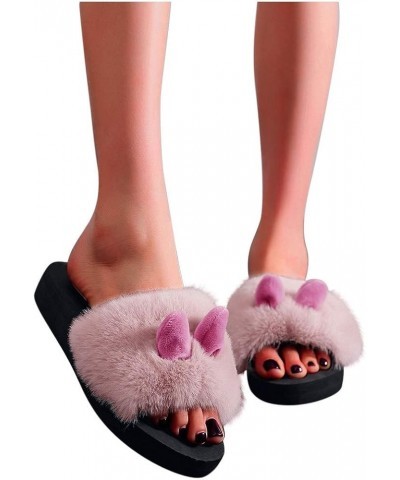 Flat Winter Open Shoes Fashion Indoor Rabbit Women Slip-on Warm Ear Slipper Toe Women's Dinosaur Slippers for Pink $9.77 Slip...