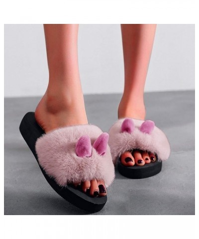 Flat Winter Open Shoes Fashion Indoor Rabbit Women Slip-on Warm Ear Slipper Toe Women's Dinosaur Slippers for Pink $9.77 Slip...