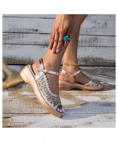 Wide Width Womens Sandals Ladies Fashion Summer Breathable Mesh Rhinestone Comfortable Sandals for Women with Heel Gold $17.8...