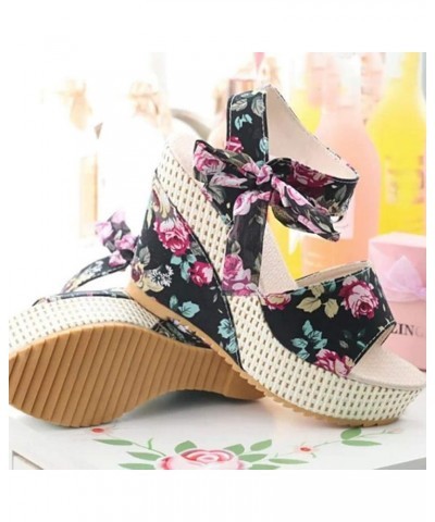 Chunky Heels for Women Dressy, Women's Flower Print Wedge High Heel Sandal Lace Knot Ankle Strap Comfortable Open Toe Platfor...