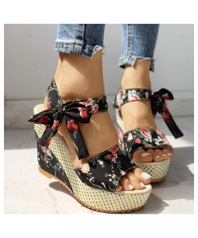 Chunky Heels for Women Dressy, Women's Flower Print Wedge High Heel Sandal Lace Knot Ankle Strap Comfortable Open Toe Platfor...