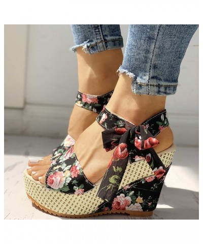 Chunky Heels for Women Dressy, Women's Flower Print Wedge High Heel Sandal Lace Knot Ankle Strap Comfortable Open Toe Platfor...