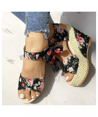 Chunky Heels for Women Dressy, Women's Flower Print Wedge High Heel Sandal Lace Knot Ankle Strap Comfortable Open Toe Platfor...