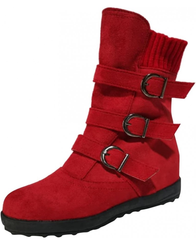 Combat Boots Womens Retro Wool Sock Shoes Long Thick Heel Mid Calf Boots Shoes Women's Ankle Boots & Booties Red 9 $14.50 Boots