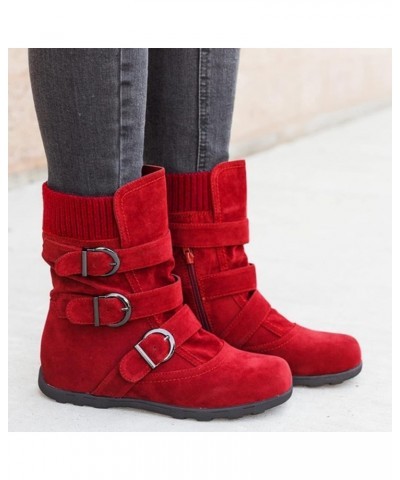 Combat Boots Womens Retro Wool Sock Shoes Long Thick Heel Mid Calf Boots Shoes Women's Ankle Boots & Booties Red 9 $14.50 Boots