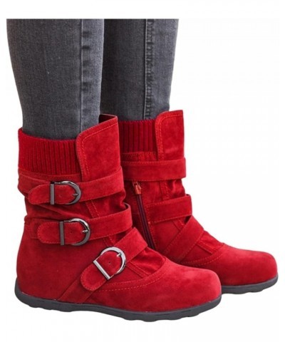 Combat Boots Womens Retro Wool Sock Shoes Long Thick Heel Mid Calf Boots Shoes Women's Ankle Boots & Booties Red 9 $14.50 Boots