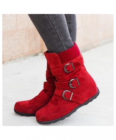 Combat Boots Womens Retro Wool Sock Shoes Long Thick Heel Mid Calf Boots Shoes Women's Ankle Boots & Booties Red 9 $14.50 Boots