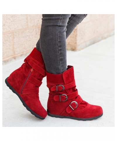 Combat Boots Womens Retro Wool Sock Shoes Long Thick Heel Mid Calf Boots Shoes Women's Ankle Boots & Booties Red 9 $14.50 Boots