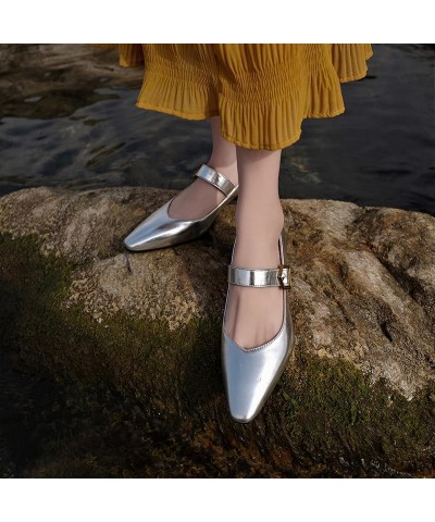 Women Summer Sandals Mid Heeled Dress Shoes Square Toe Silver Shoes Gold PU Vintage Loafers Black Size 5-13 Silver $22.14 San...