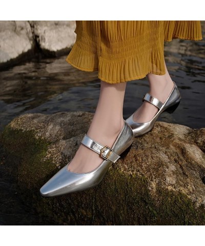 Women Summer Sandals Mid Heeled Dress Shoes Square Toe Silver Shoes Gold PU Vintage Loafers Black Size 5-13 Silver $22.14 San...