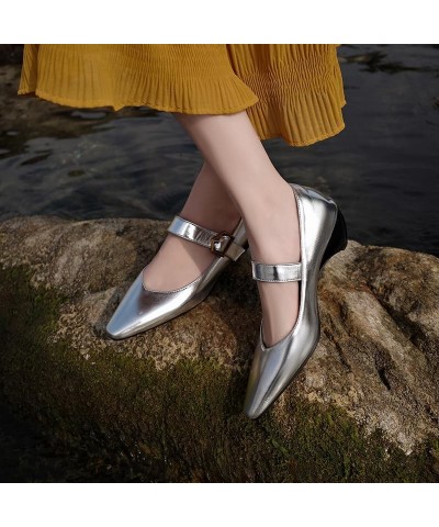 Women Summer Sandals Mid Heeled Dress Shoes Square Toe Silver Shoes Gold PU Vintage Loafers Black Size 5-13 Silver $22.14 San...