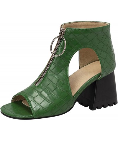 Ladies Solid Color Leather Heel Sandals Hollow Open Toe Thick High Heels with Front Zipper Summer Dressy Sandals 8 Green $36....