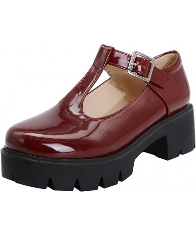 Chunky Mid Heels Oxfords Lug Sole Brogues T-Strap Patent Platform Pumps Gothic Buckled Shoes Burgundy $22.49 Oxfords