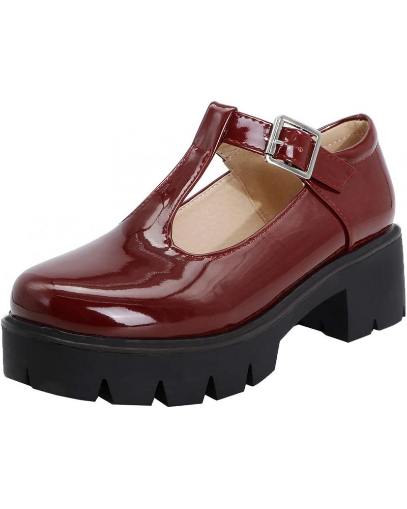 Chunky Mid Heels Oxfords Lug Sole Brogues T-Strap Patent Platform Pumps Gothic Buckled Shoes Burgundy $22.49 Oxfords