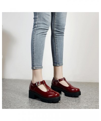 Chunky Mid Heels Oxfords Lug Sole Brogues T-Strap Patent Platform Pumps Gothic Buckled Shoes Burgundy $22.49 Oxfords