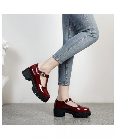 Chunky Mid Heels Oxfords Lug Sole Brogues T-Strap Patent Platform Pumps Gothic Buckled Shoes Burgundy $22.49 Oxfords